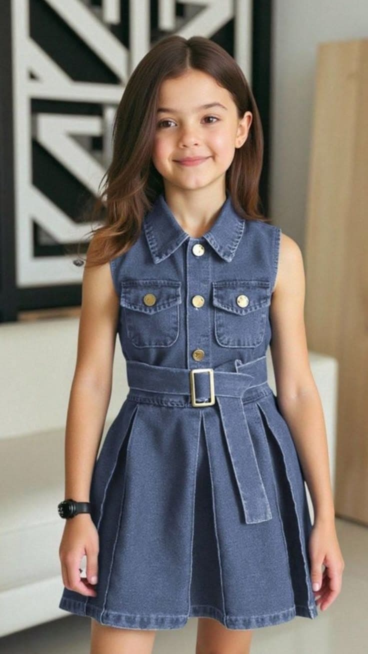 Girls Denim Belted Dress